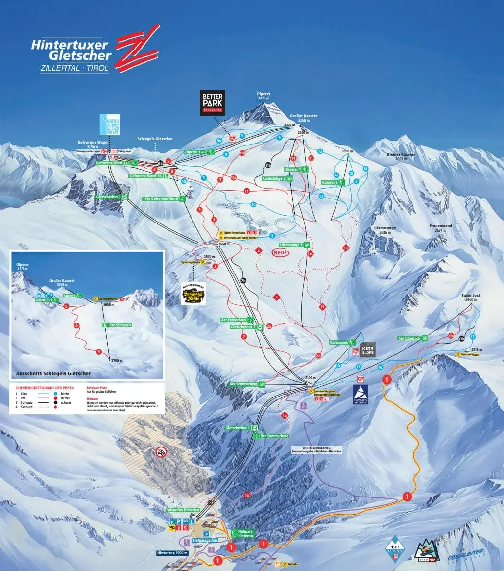 Pistkarta över Hintertux, pister, liftar och nedfarter