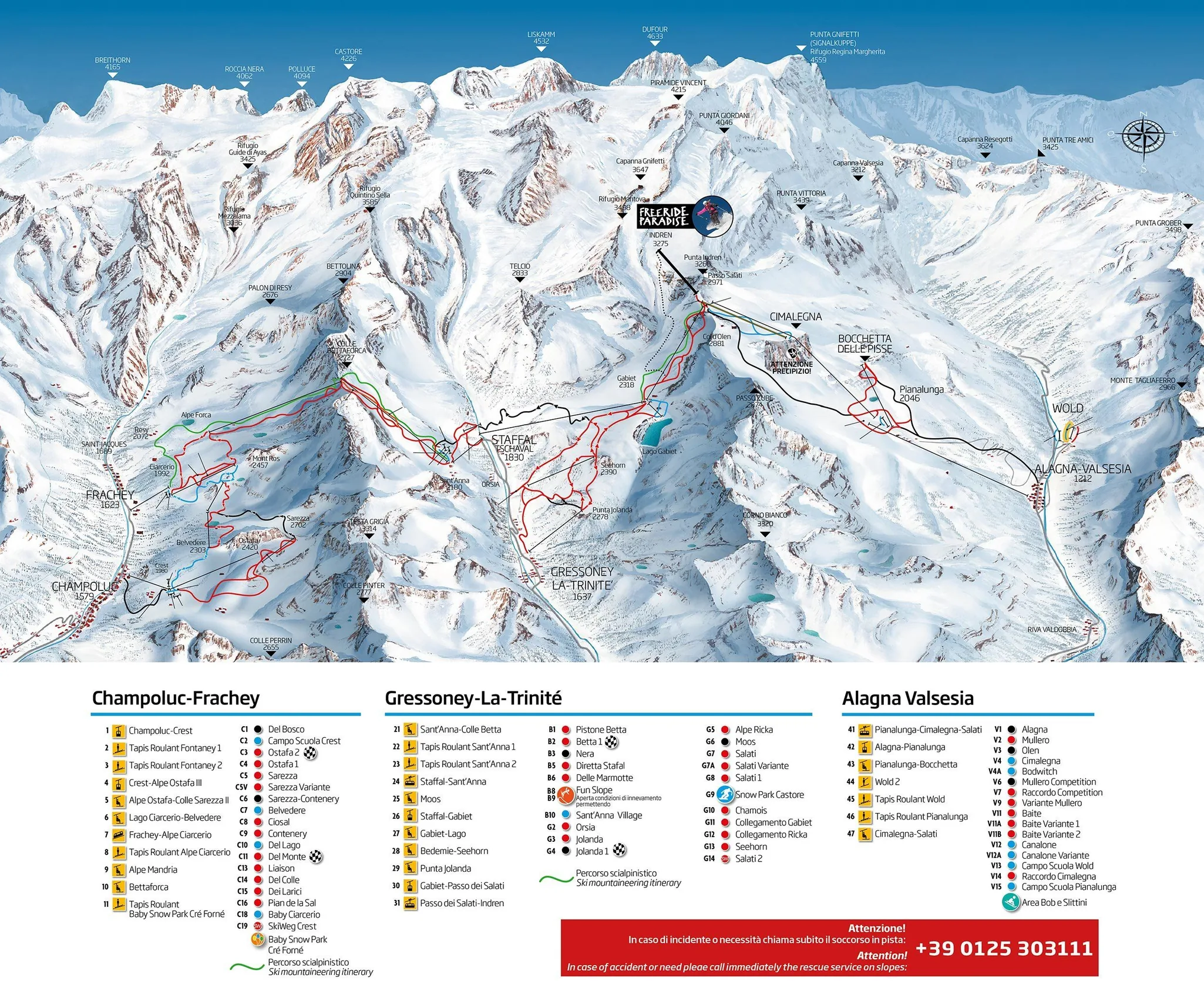 Pistkarta över Gressoney-La-Trinité, pister, liftar och nedfarter