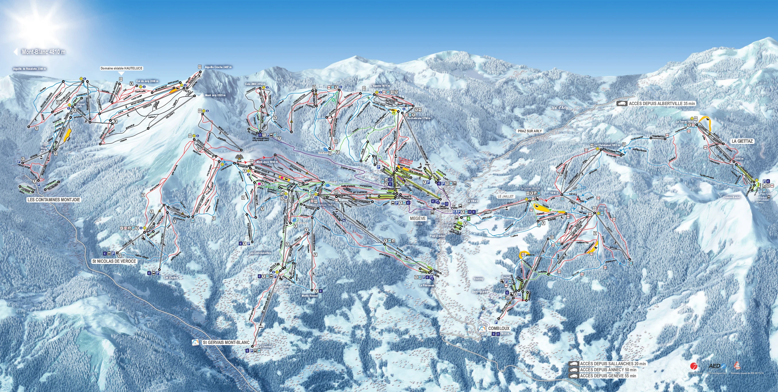 Pistkarta över Megeve, pister, liftar och nedfarter