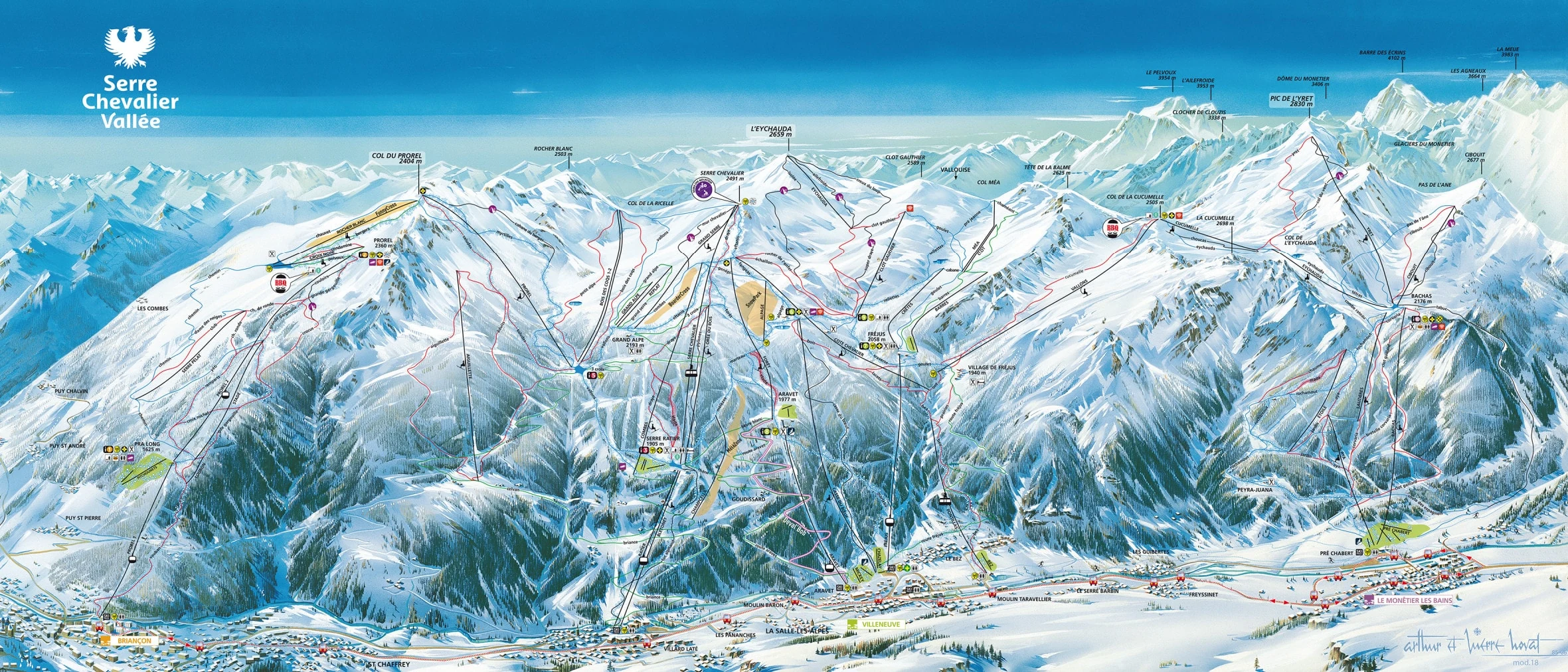 Pistkarta över Serre Chevalier, pister, liftar och nedfarter