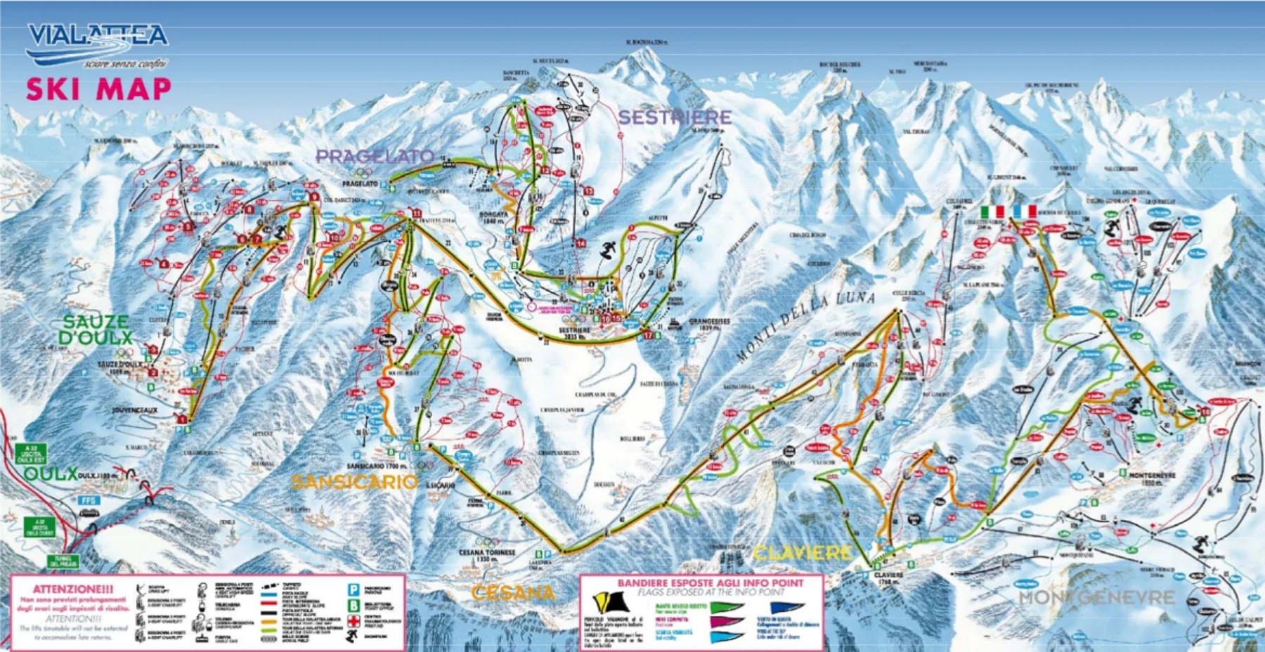 Pistkarta över Sestriere, pister, liftar och nedfarter