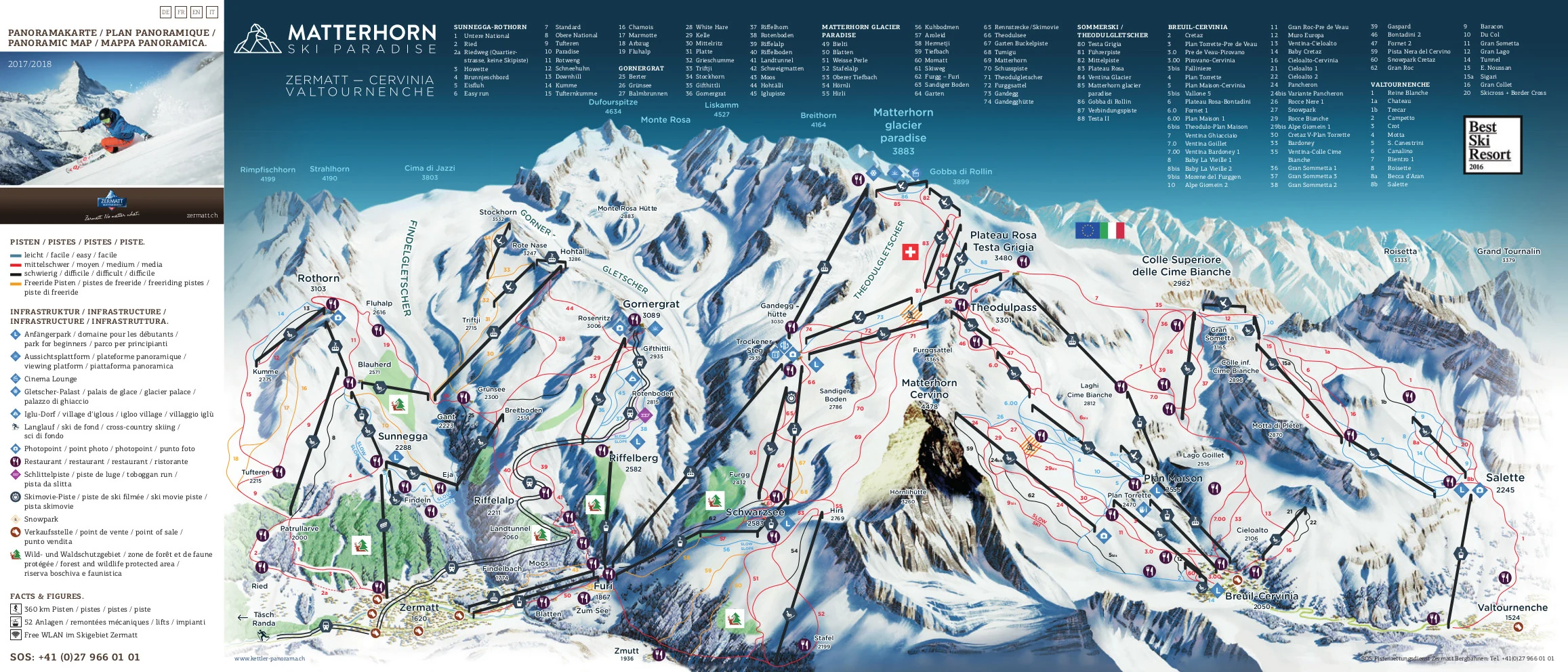 Pistkarta över Zermatt, pister, liftar och nedfarter